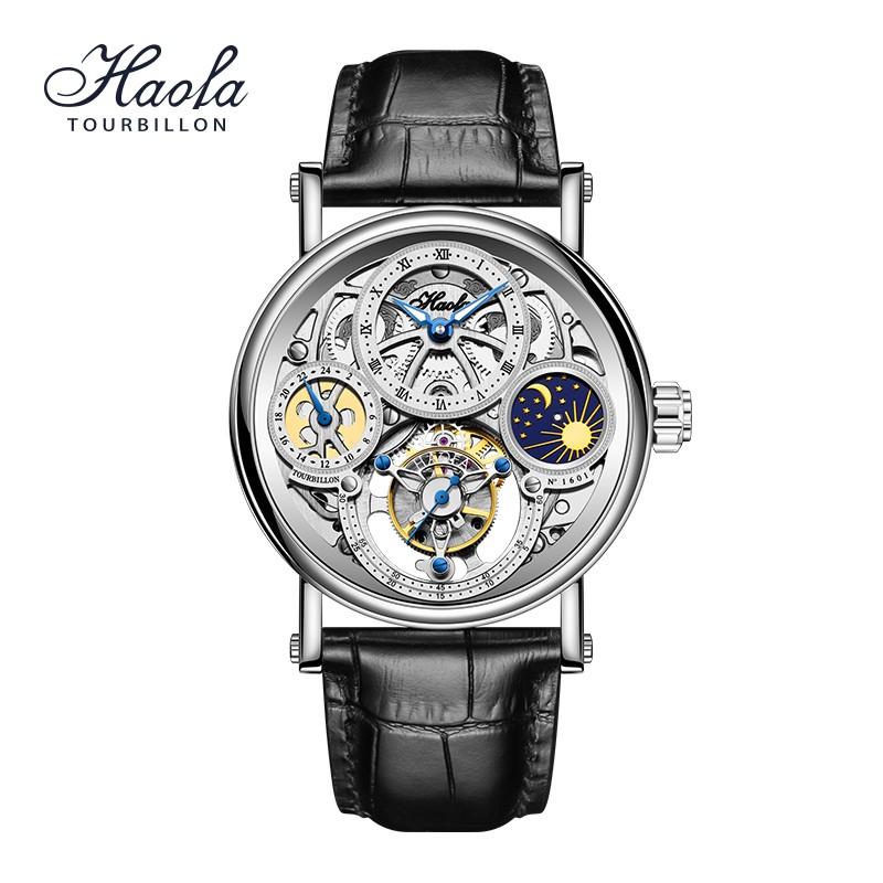 Haofa1601 トゥールビヨン 腕時計 GMT デイナイト メンズ スケルトン