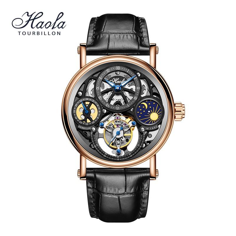 Haofa1601 トゥールビヨン 腕時計 GMT デイナイト メンズ スケルトン
