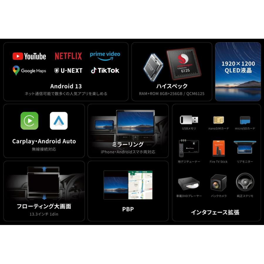 PORMIDO ディスプレイオーディオ 13.3インチ HDMI出力 QCM6125 8GB+