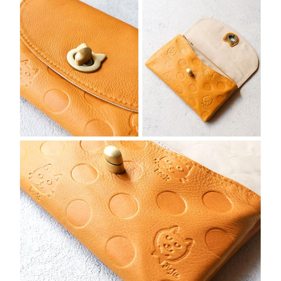 box21 かぶせ長財布 マルチポーチ 通帳ケース ひねり金具 ネコ 猫 牛革