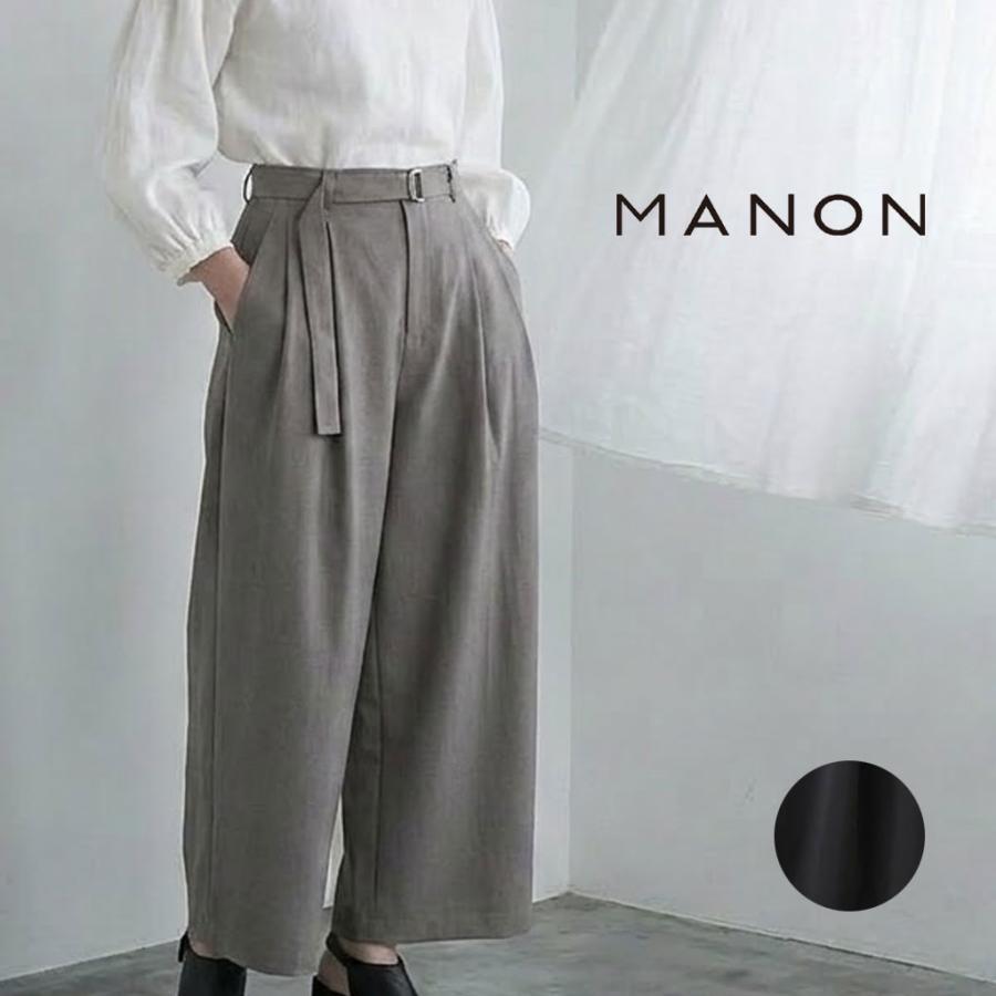 MANON（マノン） 2タック ストレート ワイドパンツ ウエストゴム 麻混