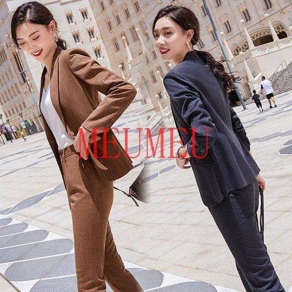 2点セット 秋 レディース スーツ ネイビー パンツスーツ カジュアル ブラウン グリーン ビジネススーツ スーツ オフィス Ol 通勤 大きいサイズ パンツスーツ 定休日以外毎日出荷中 Www Cabinetatlas Fr