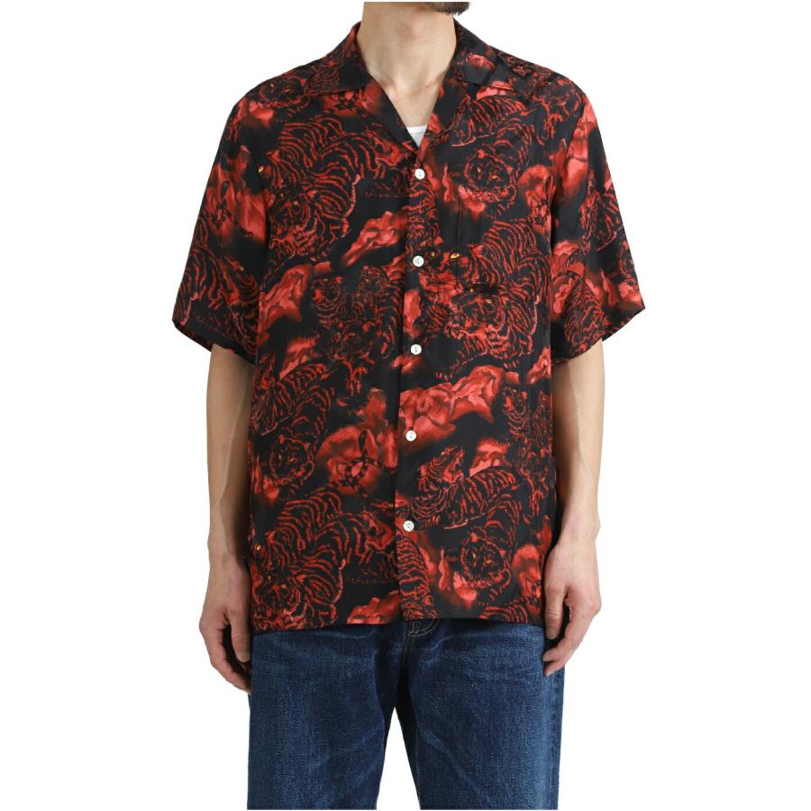 NIPOALOHA / ニポアロハ ： SILK CUPRO SHORT SLEEVE ALOHA SHIRT〈ONE HUDRED TIGERS / BLACK / RED TIGER〉 ： N26-SCSH05の画像
