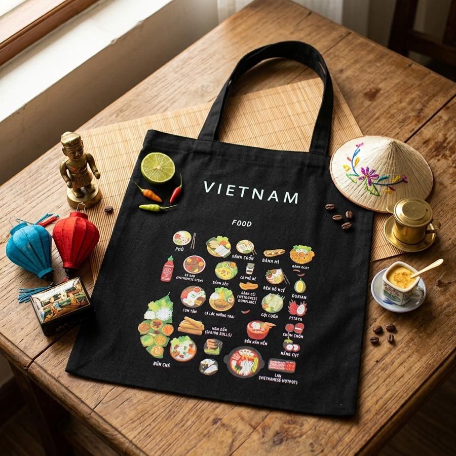 一点物　ベトナム雑貨　シルク　トートバッグ ベトナムFOODバッグ ／ ベトナム雑貨 トートバッグ コットン プリント
