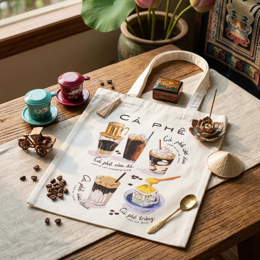 ベトナムFOODバッグ ／ ベトナム雑貨 トートバッグ コットン プリント 
