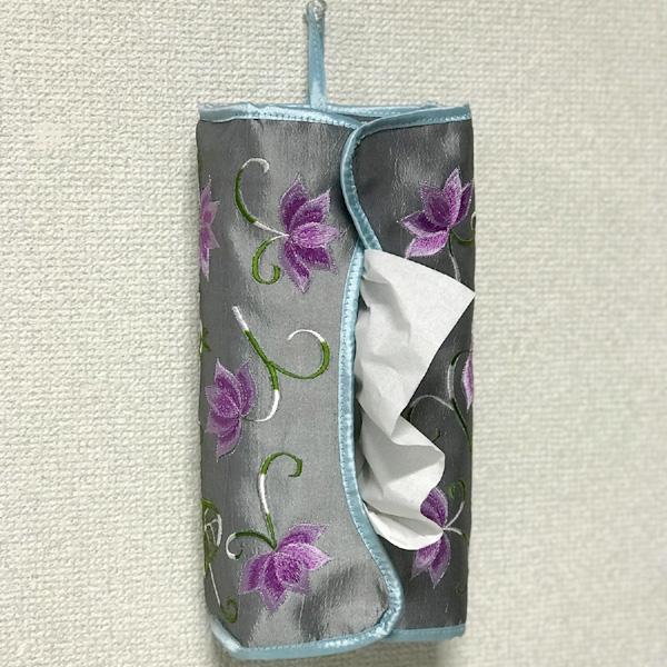 刺繍　ティッシュカバー　ボックスティッシュ　NO.31 オーダーメイド ティッシュ 掛けられる ラベンダー ミモザ ティッシュボックスカバー その他