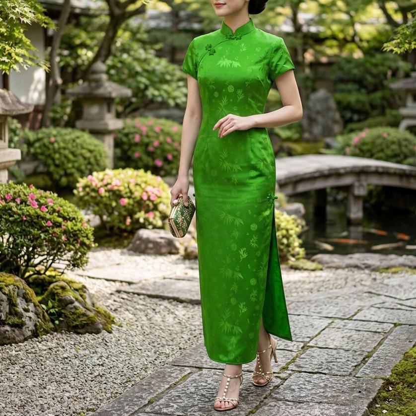 シンプル地模様チャイナドレス 半袖 ロング丈 ／ チャイナ服 旗袍 民族