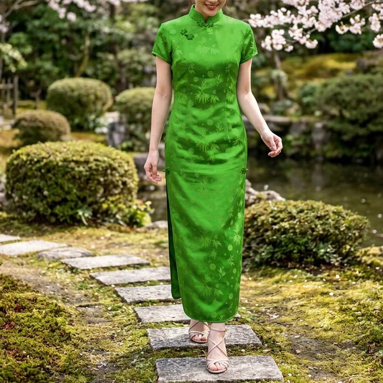 シンプル地模様チャイナドレス 半袖 ロング丈 ／ チャイナ服 旗袍 民族