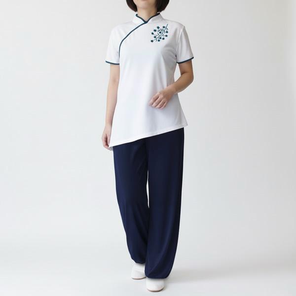 小花刺繍シンプル太極拳Tシャツ ／ チャイナTシャツ チャイナT