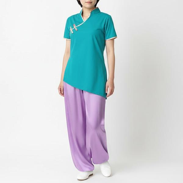 和柄パイピング太極拳Tシャツ ／ チャイナ風 アオザイ風 マオカラー