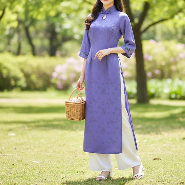花刺繍フレア七分袖アオザイ 七分袖（上着のみ）※パンツ別売り