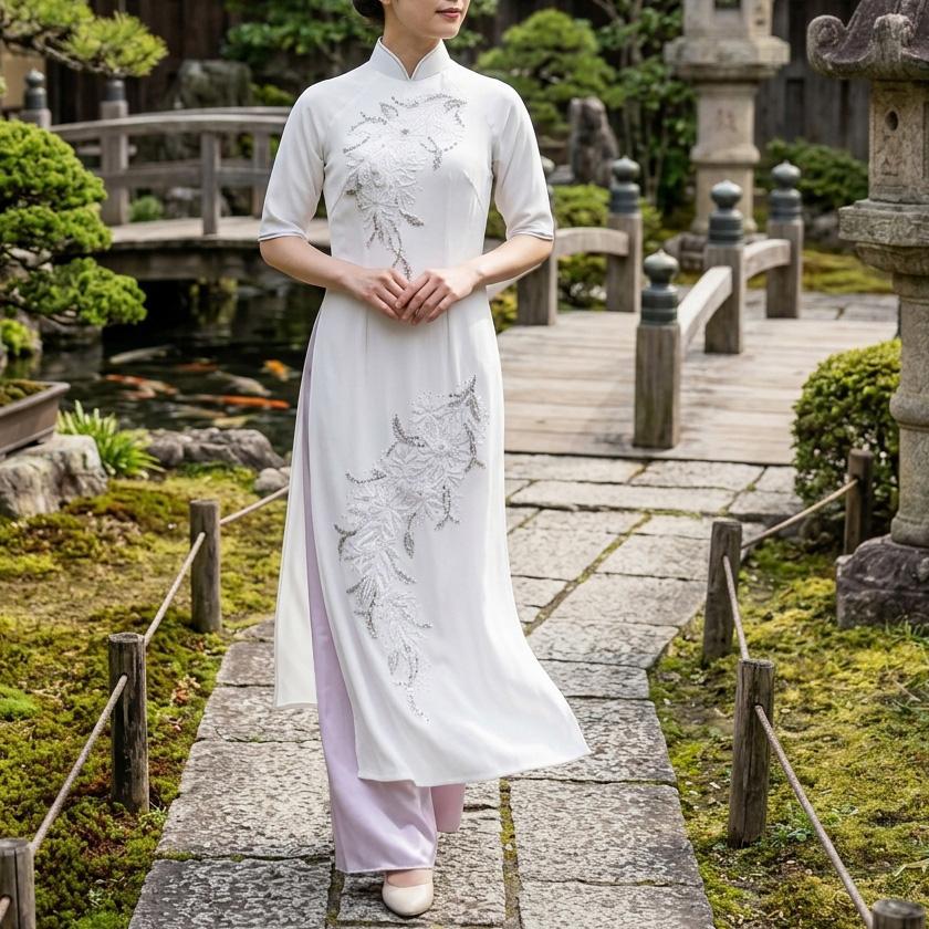 キュートで華やか！ビーズ付き花モチーフアオザイ（Lサイズ） ※パンツ