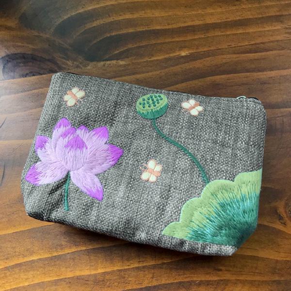 ロータス刺繍ポーチ ／ 蓮雑貨 ロータス雑貨 ロータス刺繍 アジアン