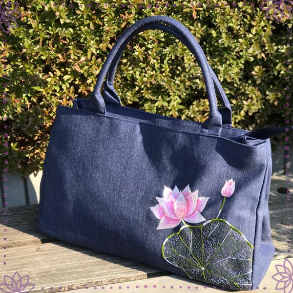 蓮刺繍デニムバッグ ／ ロータス刺繍 ベトナムバッグ アジアンバッグ