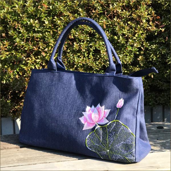 蓮刺繍デニムバッグ ／ ロータス刺繍 ベトナムバッグ アジアンバッグ