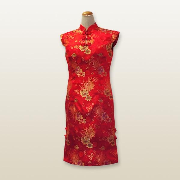 飾りボタンチャイナドレス 肩袖 ひざ丈 ／ チャイナ服 旗袍 民族衣装