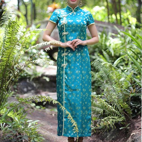 上海チャイナドレス 半袖 ロング丈 ／ チャイナ服 旗袍 民族衣装 二胡