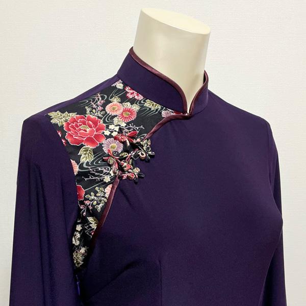 デザイン和柄チャイナドレス 長袖 ひざ丈 ／ チャイナ服 旗袍 民族衣装