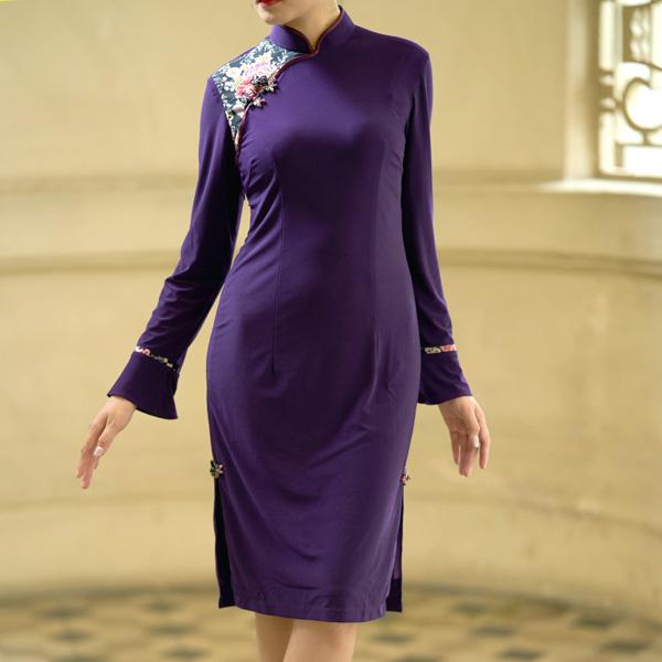 デザイン和柄チャイナドレス 長袖 ひざ丈 ／ チャイナ服 旗袍 民族衣装