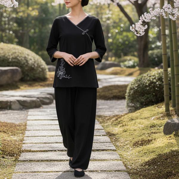 カシュクール風 花刺繍Tシャツ ／ 太極拳Tシャツ チャイナTシャツ