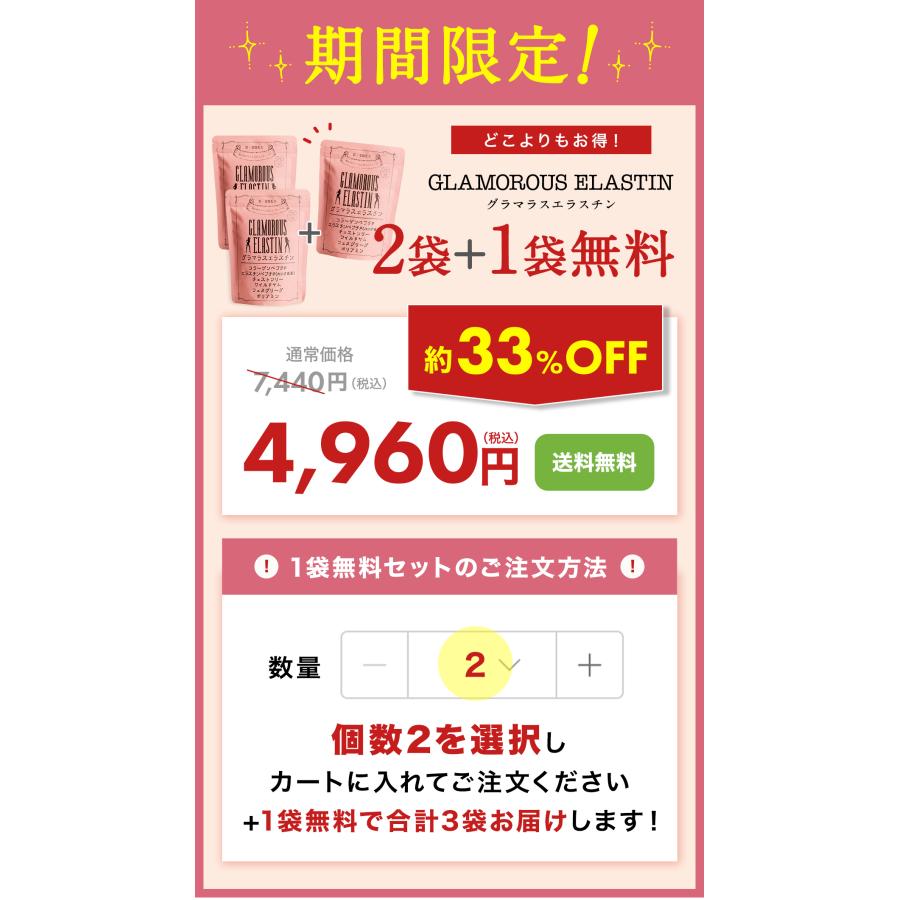 【2袋購入で+1袋無料！16日10時まで】 エラスチン 葉酸 鉄分 サプリメント 女子力 アップ グラマラスエラスチン コラーゲン  マカ ザクロ 約1か月分 60粒｜aroma-ric｜02