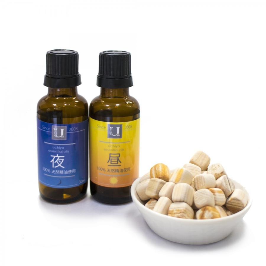 昼用夜用アロマセット　エッセンシャルオイル30ml  〜ヒノキキューブ＆オリジナル巾着付き〜 | 