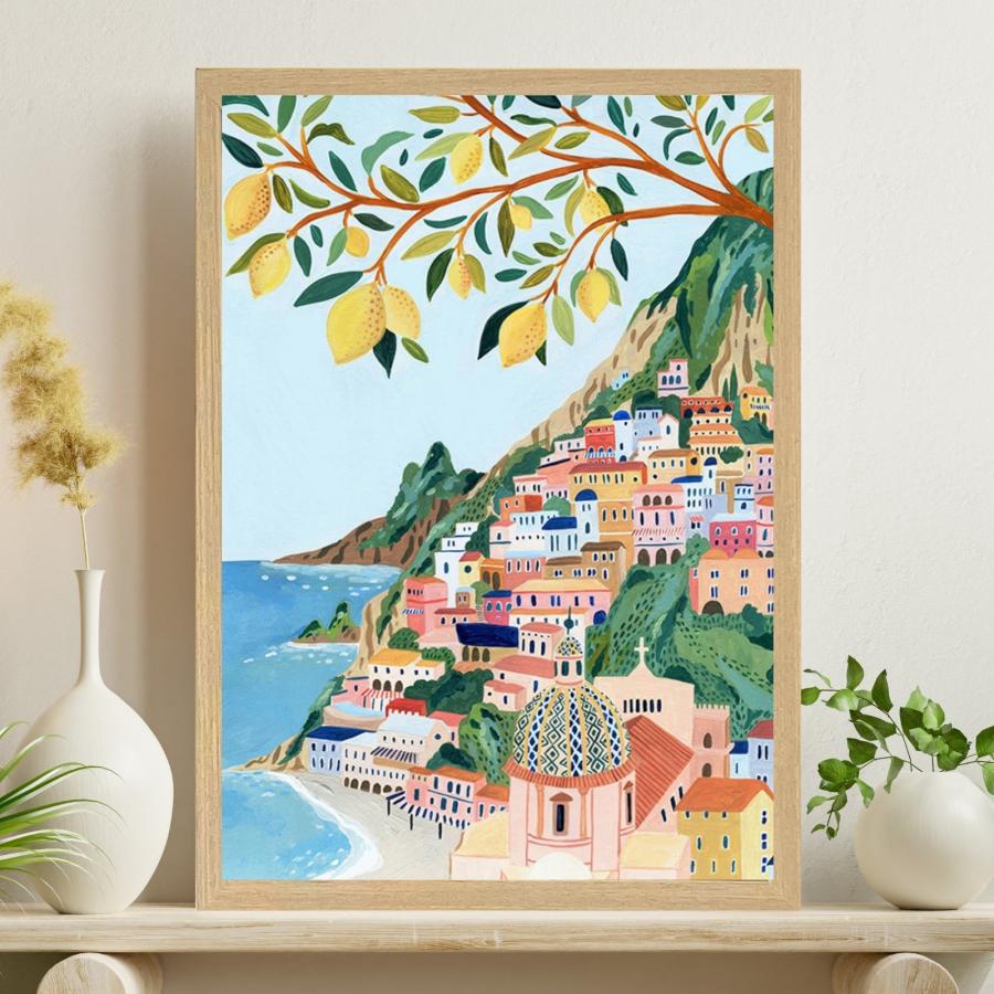 サラデママ イタリア アマルフィ 海岸 風景 イラスト アート ポスター