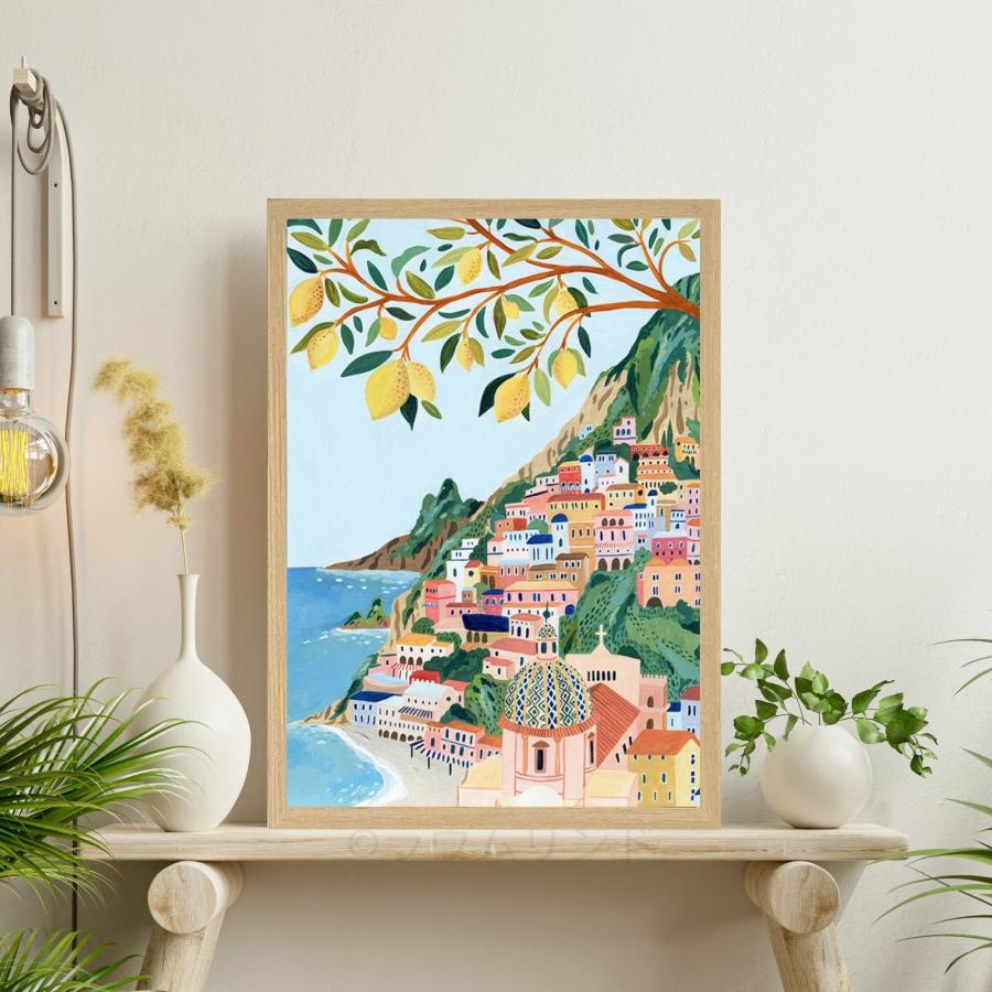 サラデママ イタリア アマルフィ 海岸 風景 イラスト アート ポスター