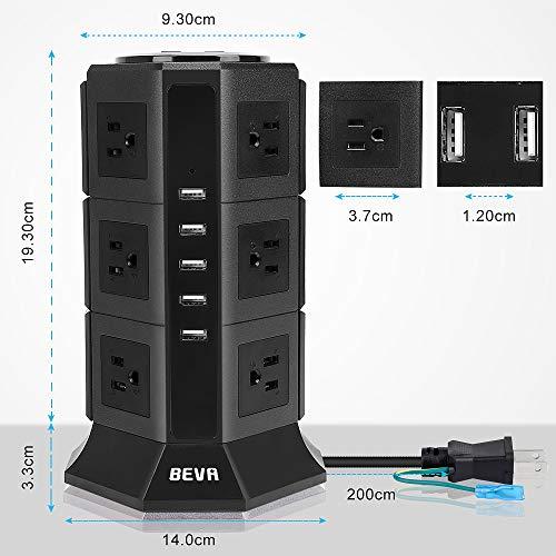 タワー式電源タップBEVA 3層縦コンセント 12AC充電口 100-125V *5USBポート 4.2A/5V 雷ガード 過負荷保護 省エネ 延長コード2m オフィス/家庭給電用 ポリカーボ｜around-store｜02