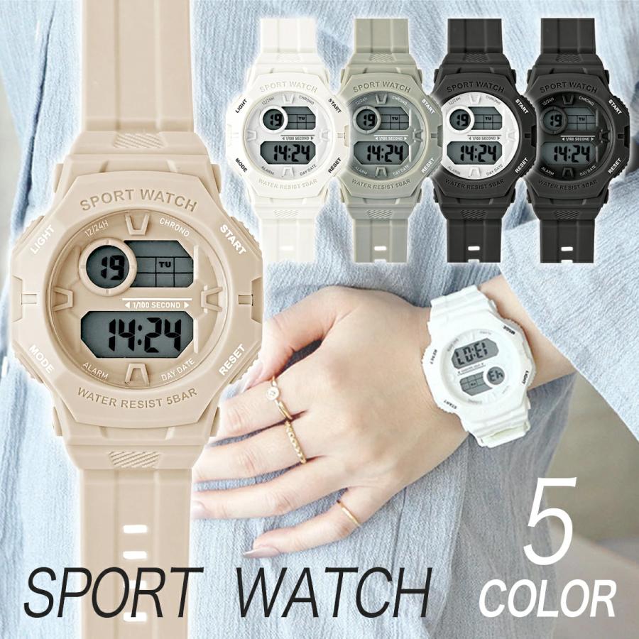 ビッグフェイス スポーツウォッチ デジタル ホワイト ベージュ カーキ ブラック レディース メンズ 腕時計 ラバー スポーティ ウォッチ ビッグ 大きめ 大きい | 