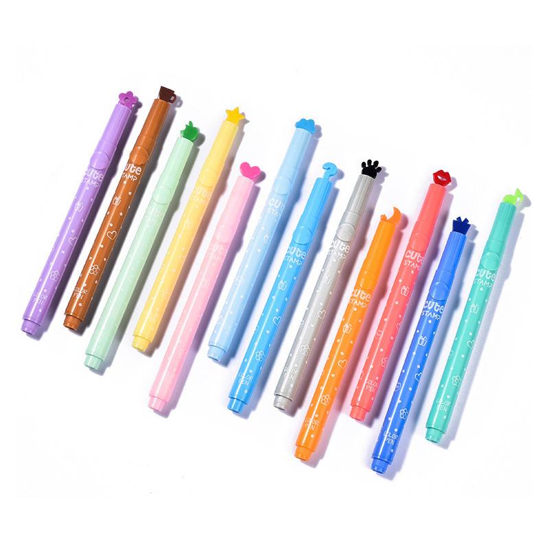 ペン先がスタンプのマーカーペン12色セット。押せば模様、引けば線