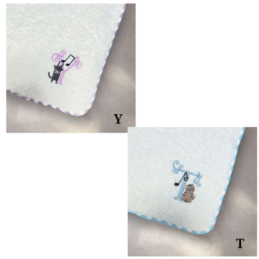 シンジカトウ】イニシャル刺繍入りタオルハンカチ。音符と猫デザイン