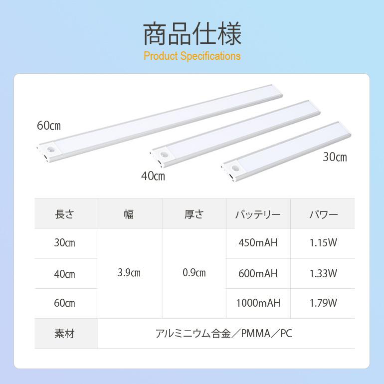 薄型センサーライト 【60cm】LED センサーライト 薄型 ライト 人感センサー USB充電式 マグネット 壁掛け照明 工事不要 自動消灯 玄関 照明 室内 屋内【1005】 |  | 15