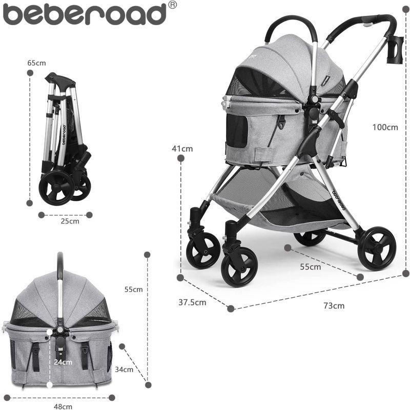 Beberoadペットカート ペットバギー 多機能折りたたみ式猫小型犬ペットベビーカー 取り外し可能なバスケット 金属製のハンドル 3way ペットバギー 多機能折りたたみ式猫小型犬ペットベビーカー 取り外し可能なバスケット 金属製のハンドル 3way