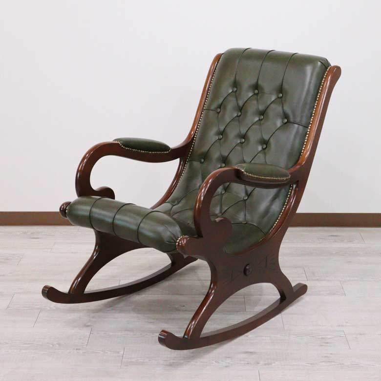 イタリア ロッキングチェア 本皮グリーン 猫脚 肘付き チェア ソファ サロンチェア 完成品 イス 木製 彫刻 高級家具