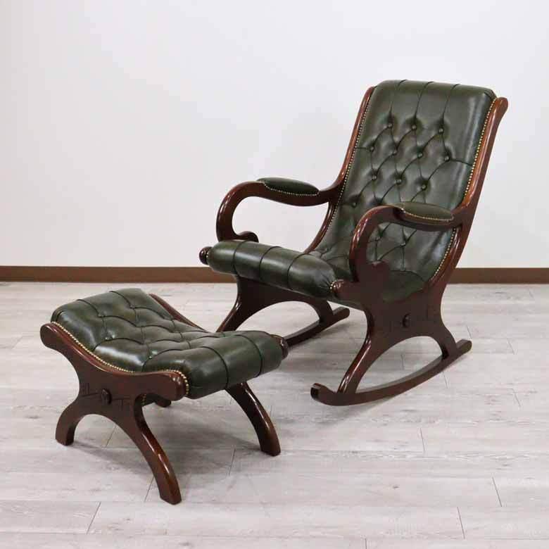2026年 イタリア ロッキングチェア 本皮グリーン 猫脚 肘付き チェア ソファ サロンチェア 完成品 イス 木製 彫刻 高級家具 【MY2997266314】(104720円)