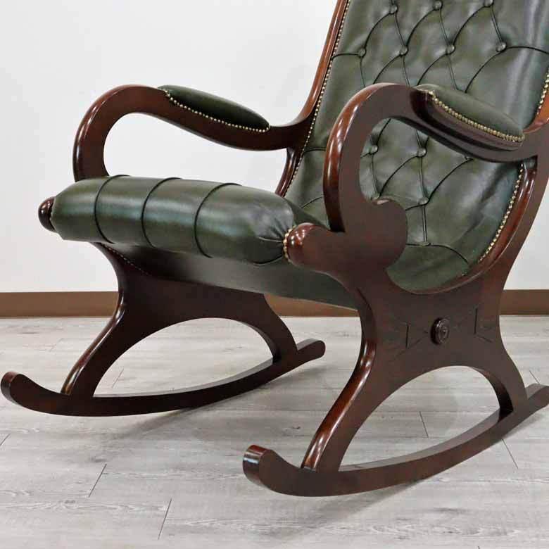 2026年 イタリア ロッキングチェア 本皮グリーン 猫脚 肘付き チェア ソファ サロンチェア 完成品 イス 木製 彫刻 高級家具 【MY2997266314】(104720円)