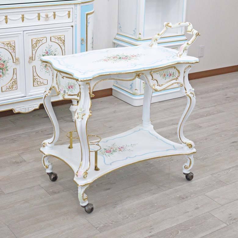 ロココ調 ワゴン トロリー 猫脚 ワインホルダー付き 白家具