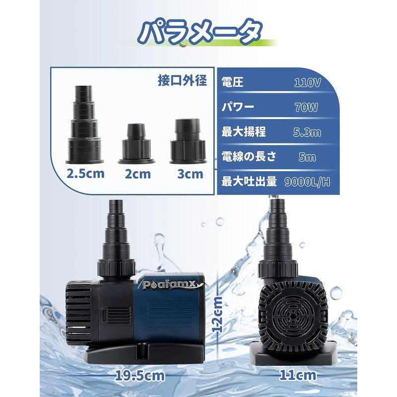 Poafamx 小水中ポンプ 排水ポンプ 吐出量9000L/h 最大揚程5.3m 70W 110V ノズル3つ 静音設計 ガーデニング/水換 小水中ポンプ 排水ポンプ 吐出量9000L/h 最大揚程5 3m 70W 110V ノズル3つ 静音設計 ガーデニング/水換