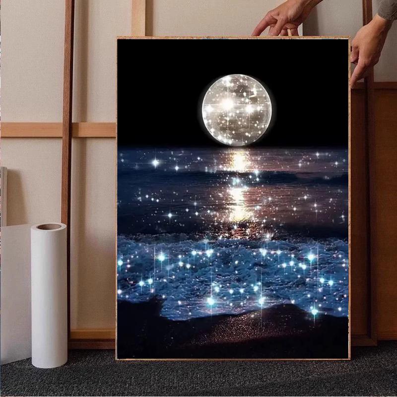 5D ダイヤモンドアート 海 夜景 満月 水面 波紋 きらきらと輝く