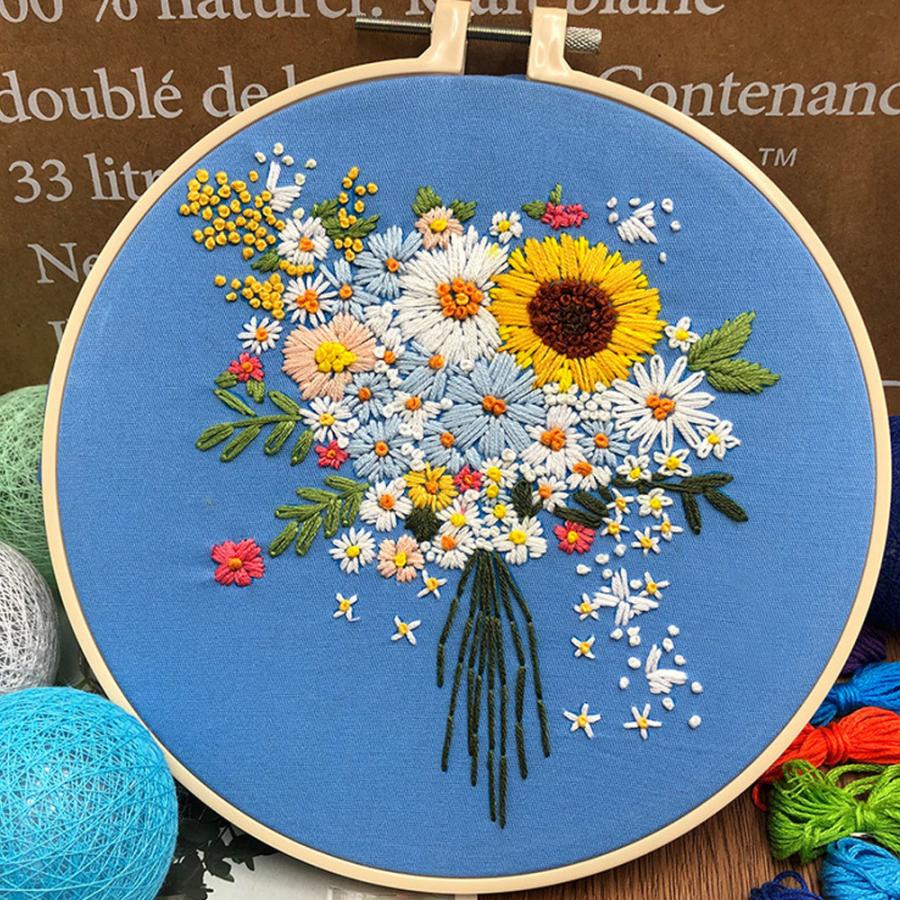 刺繍額装 刺繍絵画 青ステッチ刺繍 花鳥 蝶 刺繍アート インテリア