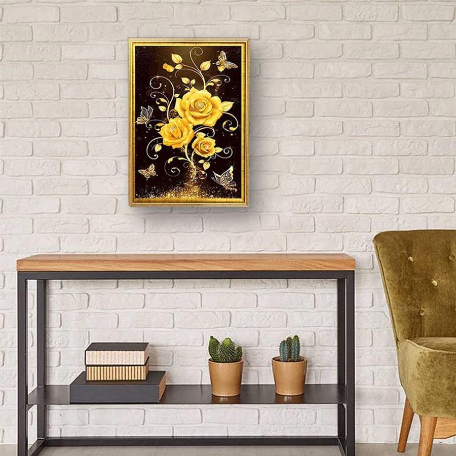 5D ダイヤモンドアート セット 黄金の薔薇 花 蝶々植物 ビーズ絵画