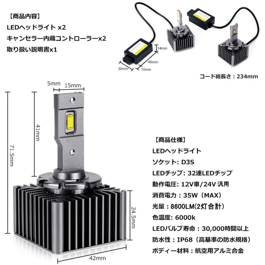 d3s LEDヘッドライト 車検対応 ホワイト 6000K 2灯8600LM 35W 両面発光