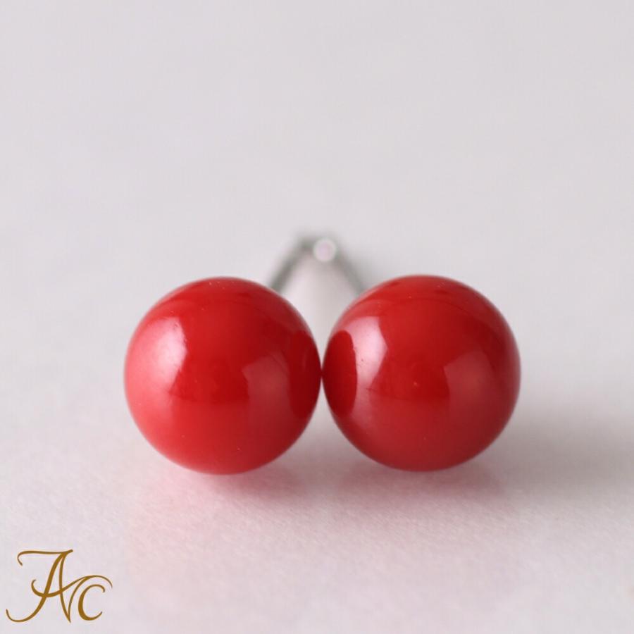 ≪送料無料&1年保証付き≫ 日本産血赤珊瑚5.6ミリ玉K18WGピアス : 珊瑚