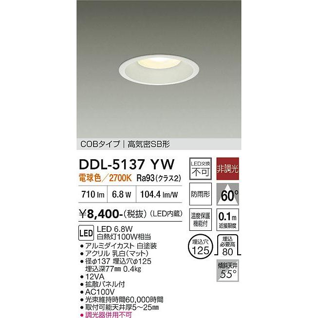 大光電機 屋内・屋外兼用ベースダウンライト DDL5137YW 電球色 Φ125