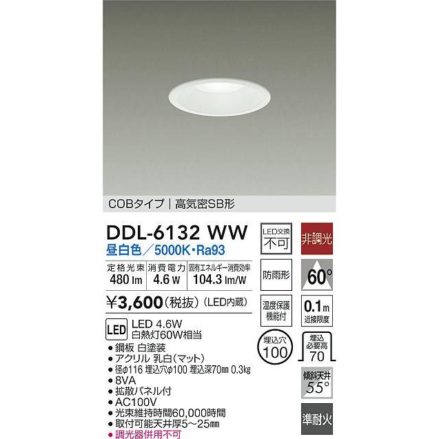 大光電機 屋内・屋外兼用ベースダウンライト DDL6132WW COBタイプ Φ100
