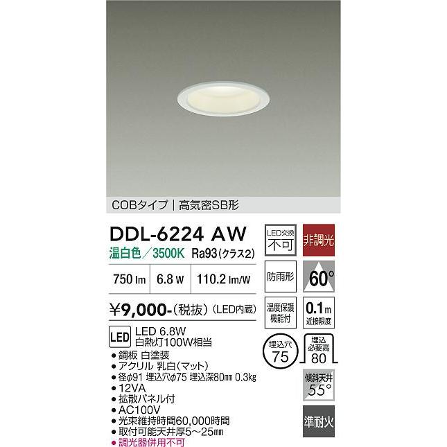 大光電機 屋内・屋外兼用ベースダウンライト DDL6224AW COBタイプ Φ75