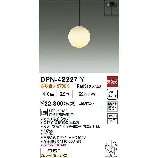 大光電機 ペンダントライト DPN42227Y 電球色 白熱灯60W相当 工事必要