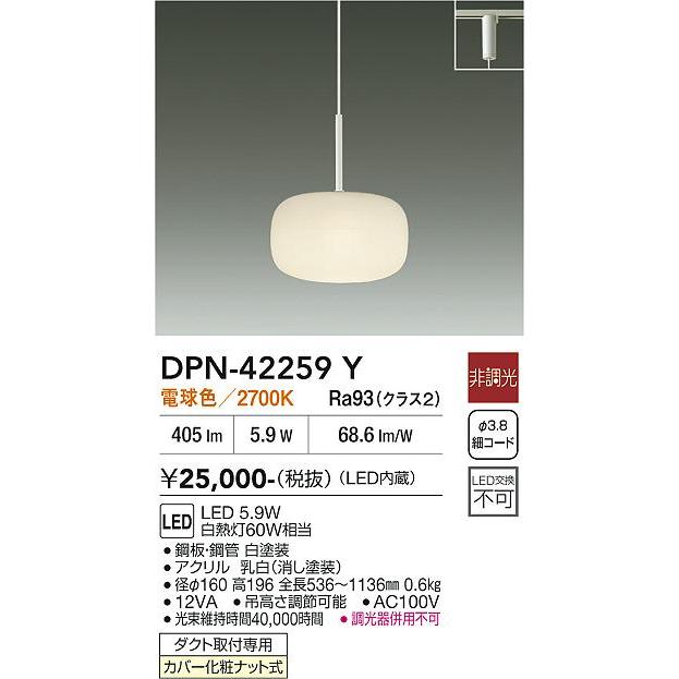大光電機 ダクトレール用ペンダント DPN42259Y 電球色 白熱灯60W相当_1