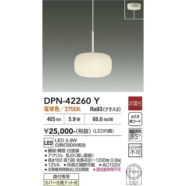 大光電機 ペンダントライト DPN42260Y 電球色 白熱灯60W相当 工事必要